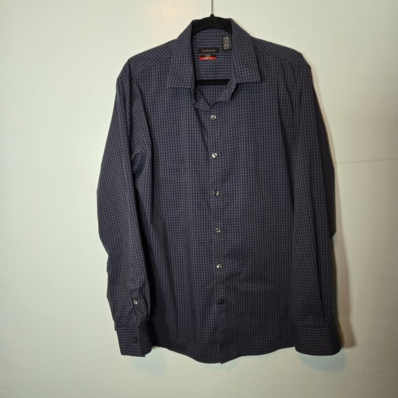 Men's VAN HEUSEN FLEX NO-IRON STRETCH DRESS SHIRT LARGE 18-18.5 Dark Blue Check - Picture 7 of 7
